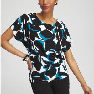 NWT Chico's Scandi Blue Abstract Touch of Cool Banded Hem top. Size L